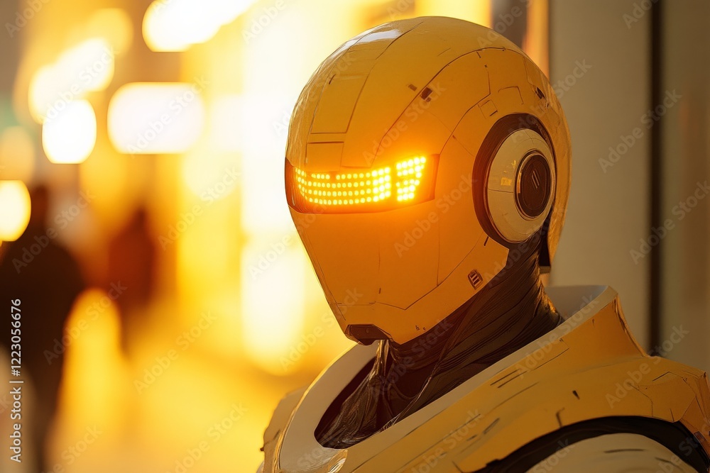 Leinwandbilder Futuristic robot character with glowing visor stands in an urban setting during evening hours
