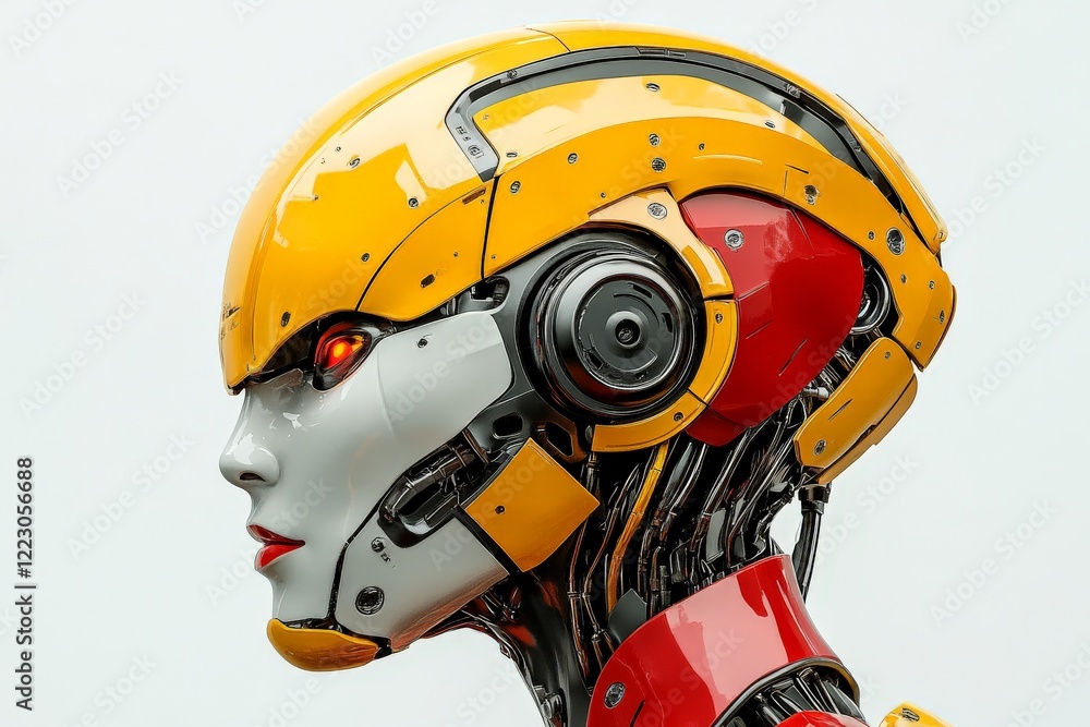 Poster robot with sleek design showcasing intricate mechanics and bright colors in a futuristic setting