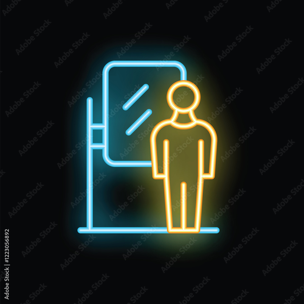 Poster neon icon of a man standing and looking in the mirror, representing introspection, self reflection, 