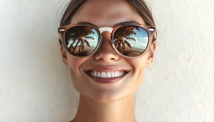 Fototapeta premium A radiant smiling woman in sunglasses blended with a vibrant natural landscape, showcasing the beauty of double exposure artistry.