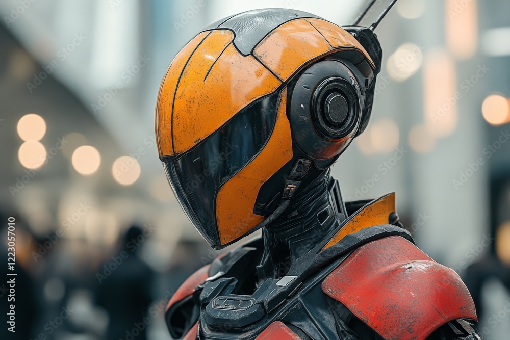 Poster Futuristic robot character in vibrant armor showcasing intricate design at an urban event