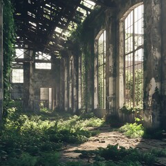 Overgrown Industrial Ruins Sunlit Interior with Lush Greenery