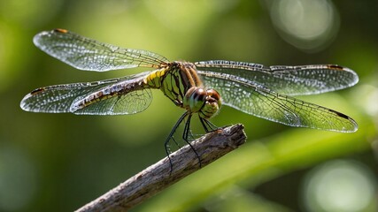 A close-up of a delicate dragonfly perched on a thin tree branch, its translucent wings shimmering under soft sunlight. The background is blurred, featuring lush greenery and a warm