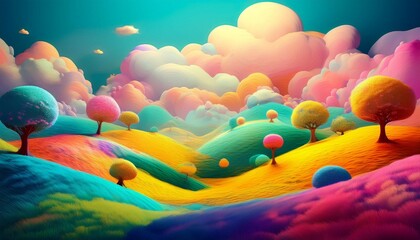 colorful whimsical landscape with fluffy hills trees and clouds