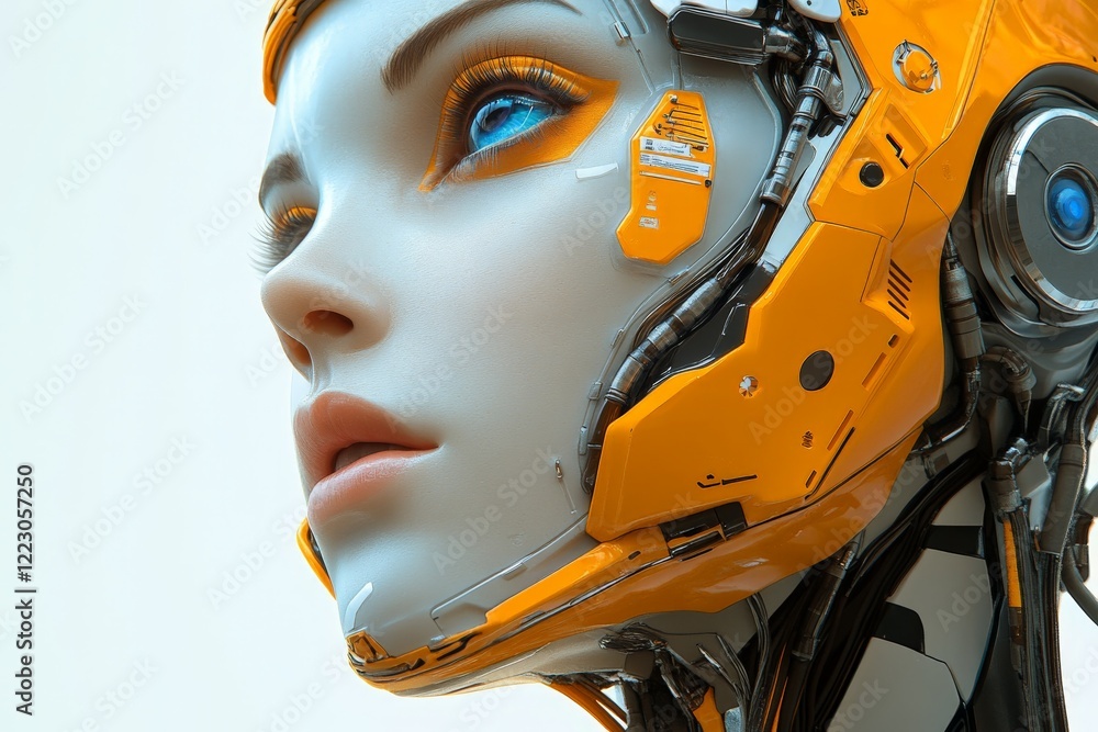 Poster futuristic robot features a striking design with a blend of metallic and synthetic elements