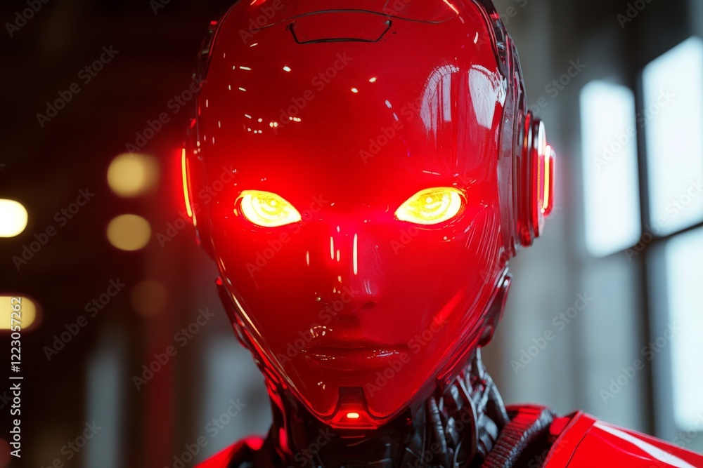 Poster Advanced humanoid robot with glowing red eyes in a modern tech environment during a technology exhibition
