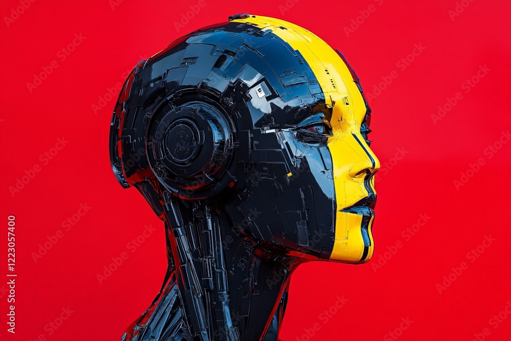 Aufkleber futuristic robotic head with intricate detailing against a vibrant red background