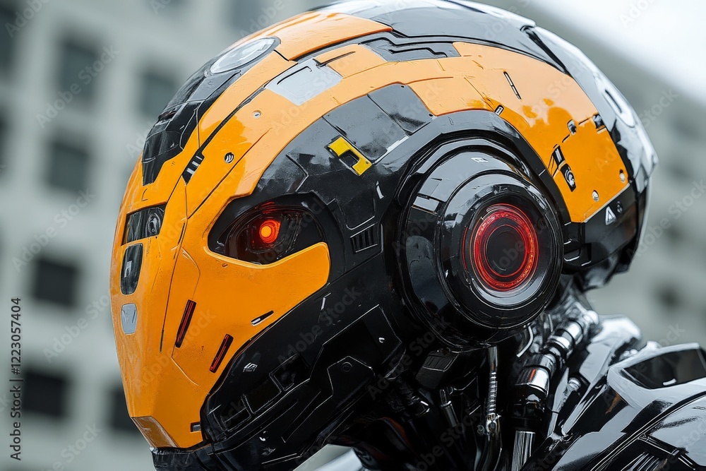 Aufkleber robot head with striking orange and black design showcases futuristic technology at a city event