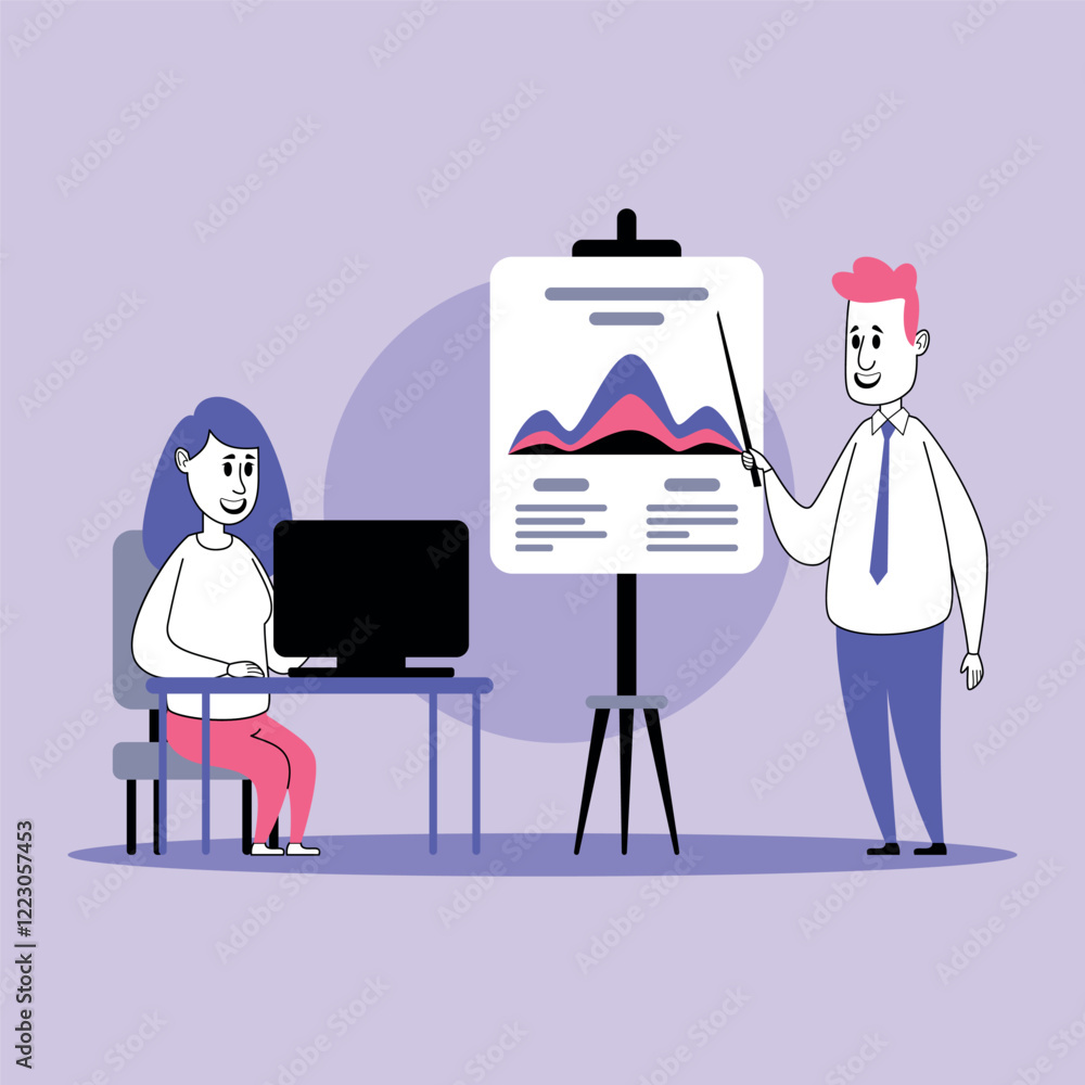 Poster business manager in suit using pointer to explain graph on presentation board to employee seated at 