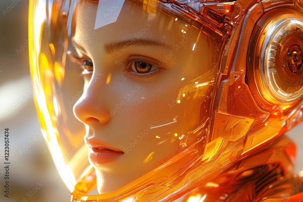 Aufkleber futuristic humanoid with orange helmet reflecting advanced technology and intricate design