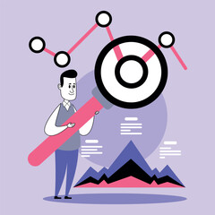 Business manager reviewing employee performance metrics using magnifying glass. Colorful graphs and data displayed, illustrating trends in productivity
