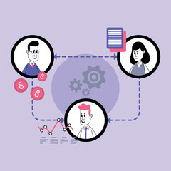 Business manager discussing project details with employees, exchanging ideas and visual data. Team collaboration and performance improvement concept