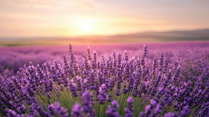 Naklejka premium Lavender fields at sunrise with vibrant purple blooms in scenic landscape