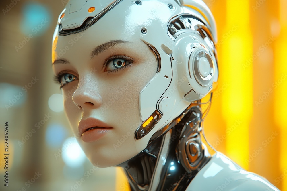 Poster Futuristic female android with intricate design and realistic features in a glowing urban environment