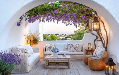 A shabby chic terrace framed by a white wooden arch covered in lavender vines, with rattan sofas, floral pillows, distressed wooden tables