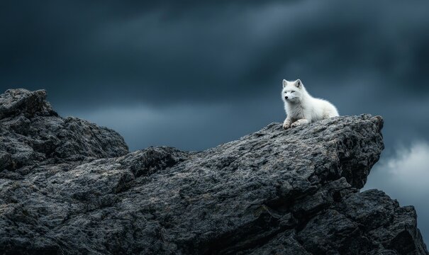 Majestic White Fox Resting on Rocky Outcrop Under Dark Sky in Winter, Wildlife Photography, Arctic Animal Portrait, Untamed Nature, Beauty of Wilderness, Serenity and Solitude, Pristine Wilderness