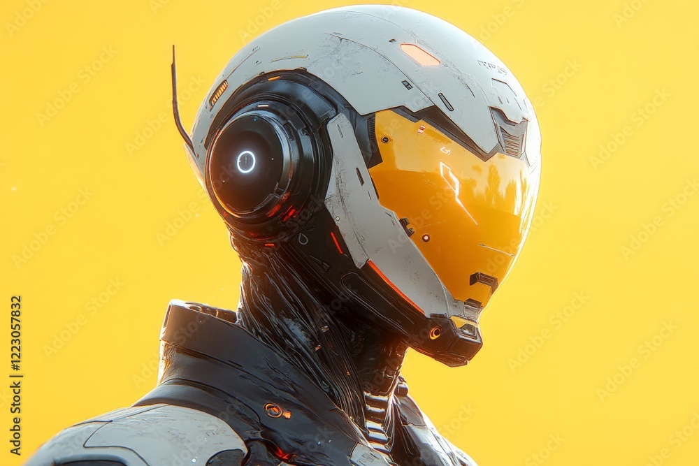 Aufkleber futuristic humanoid robot with glowing headset against vibrant yellow backdrop captured in a digital