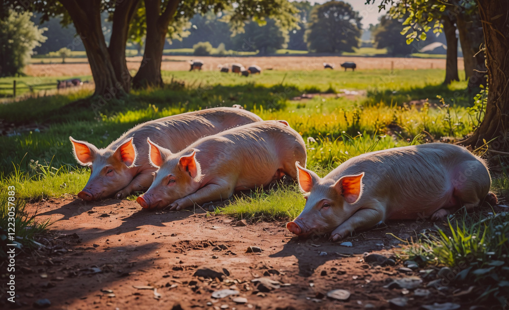 Poster three pigs are laying down in a field. the pigs are surrounded by grass and trees, which creates a s