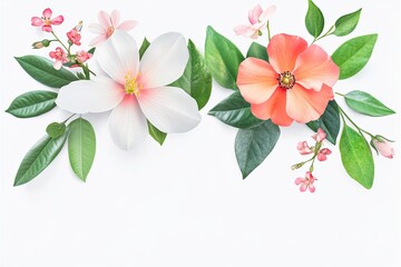 Naklejka premium Vibrant arrangement of white and orange flowers with green leaves on a light background