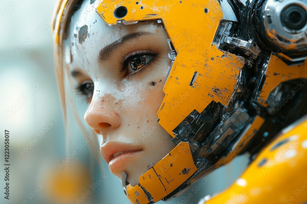 Poster Futuristic humanoid robot with yellow features exploring advanced technology in a modern setting