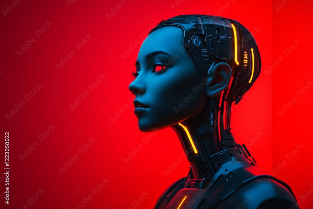 Aufkleber futuristic robot with glowing features stands against a vivid red backdrop showcasing advanced techn