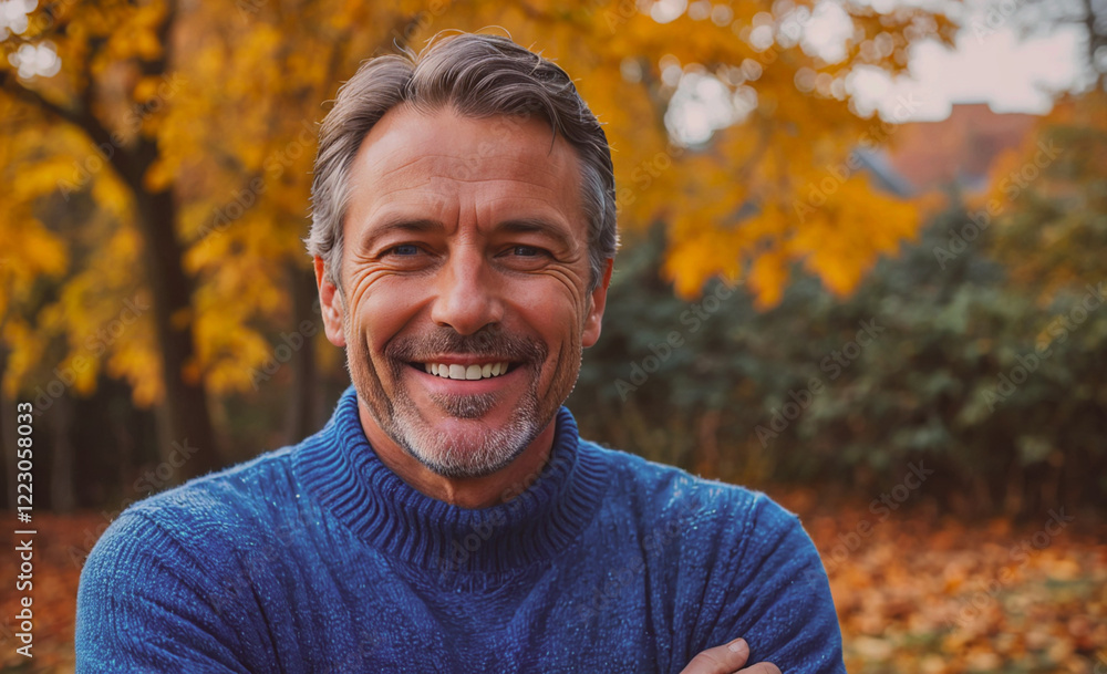 Poster man with a blue sweater and a smile on his face. he is standing in a park with trees and leaves