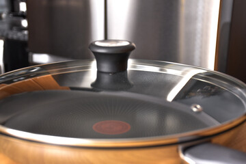 Teflon pans on the induction hob in the kitchen