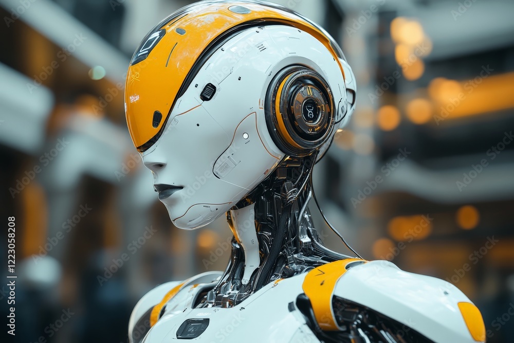 Poster futuristic robot with sleek design interacting in a modern urban environment during daylight