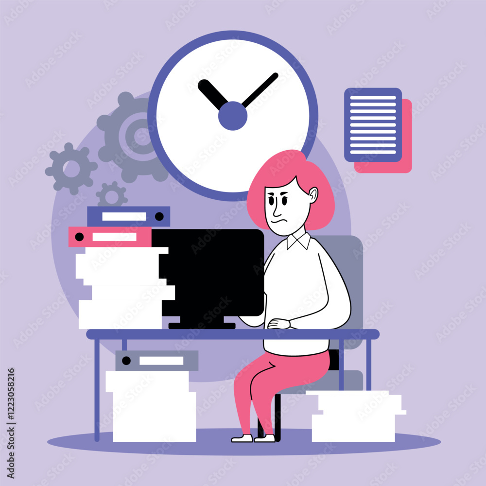 Poster business manager sitting focused at desk with computer, managing numerous documents and clock in bac