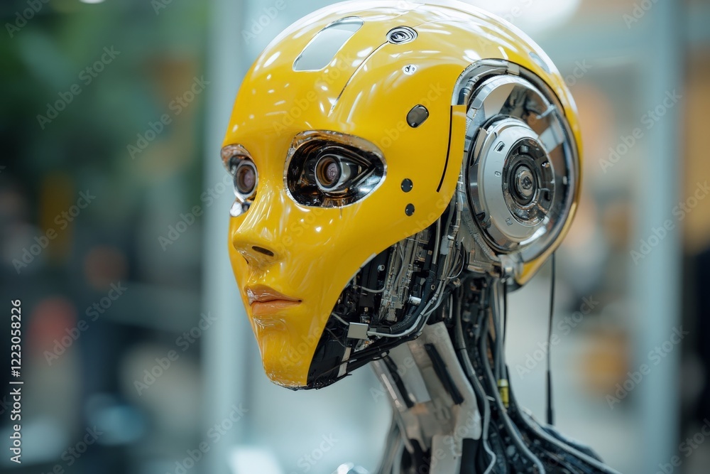 Poster Robot with yellow face showcasing advanced technology at a modern exhibition on artificial intelligence and robotics