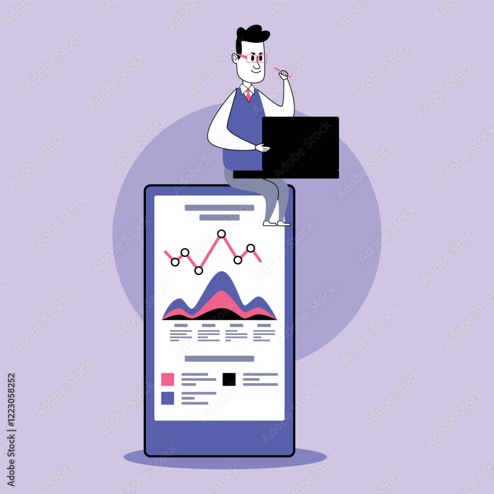Poster Business manager analyzing data trends while sitting atop large mobile device. Graphs and statistics, demonstrating modern work practices on screen