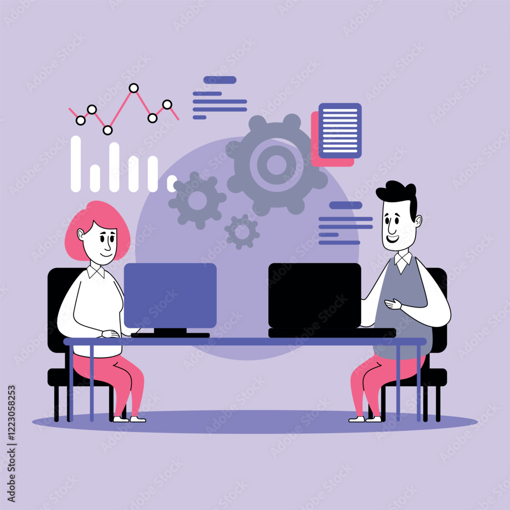 Poster two professionals working together at table in office. charts and gears in background. dynamic work 