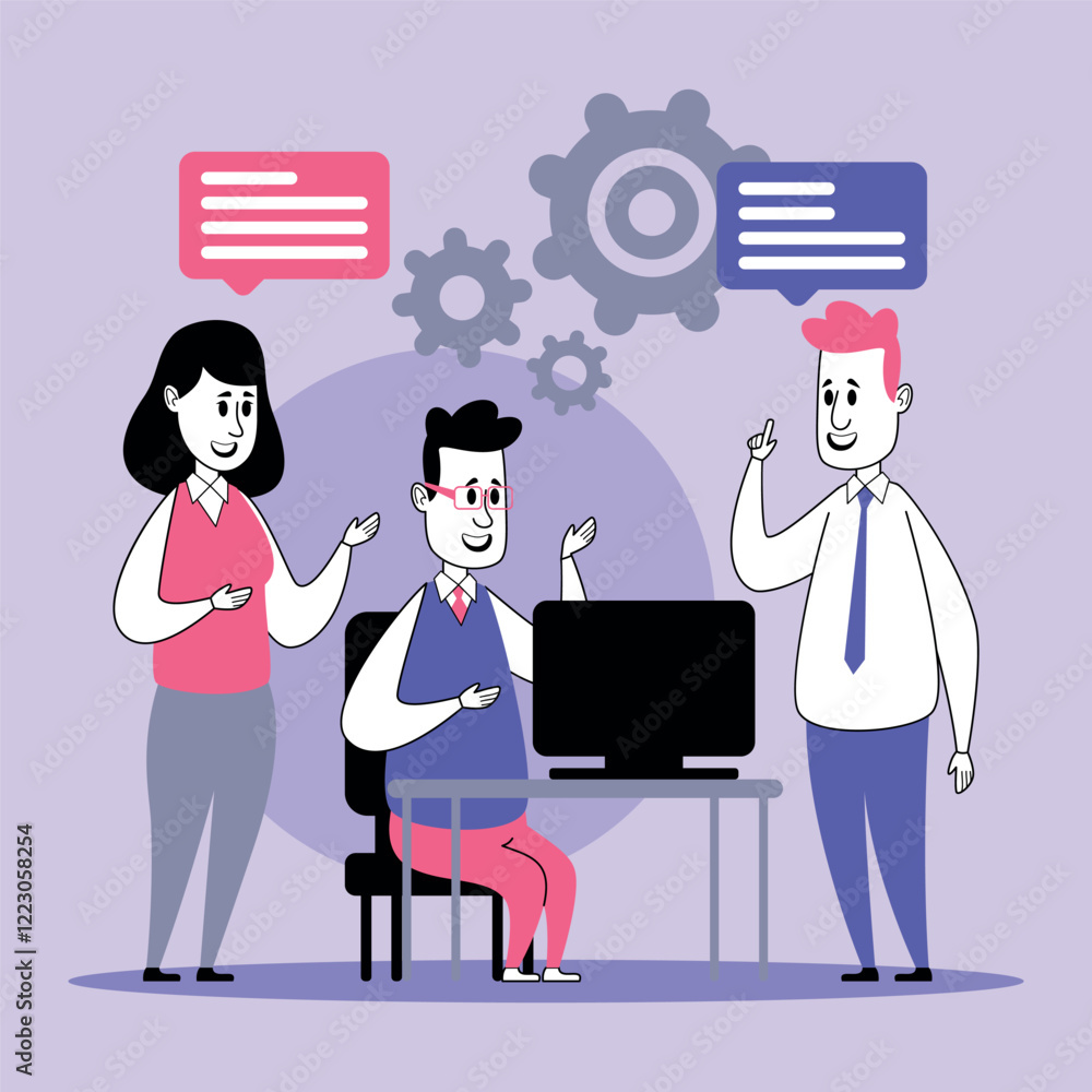 Poster two employees engaged in discussion with manager, who seated at computer. managers exchanging ideas 