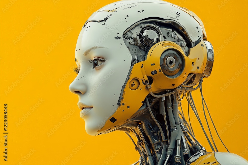 Aufkleber advanced humanoid robot with intricate design stands against a vibrant yellow background showcasing 