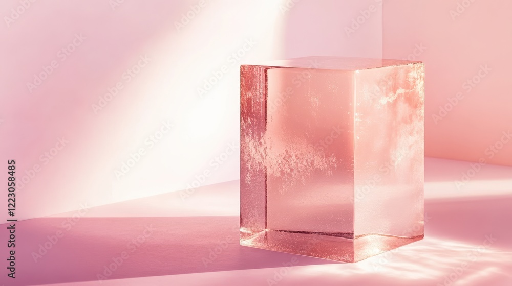 Poster transparent glass cube with pink light reflection in minimalistic setting
