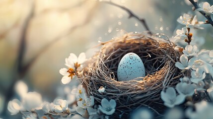 Obraz premium Delicate nest cradles speckled egg surrounded by blooming flower
