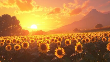 Golden sunset over sunflower field with majestic mountain in background