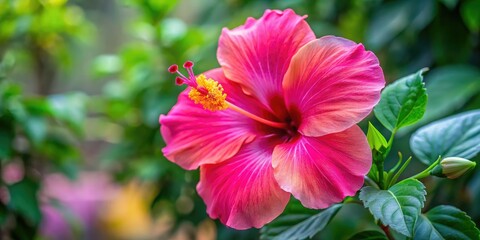 Naklejka premium Large hibiscus flower with bright pink petals and yellow center in full bloom, tropical, texture