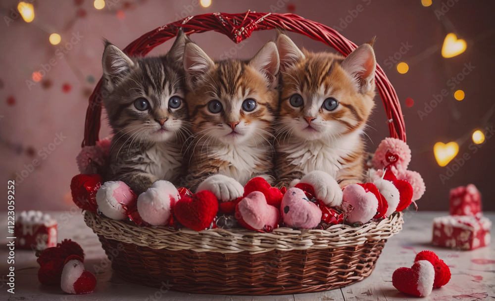 Poster three kittens are sitting in a basket with red hearts and pink balls. the basket is on a table with 