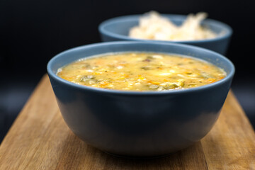 Pea soup, vegetable soup with peas, bacon, and sauerkraut.
