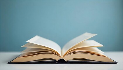 An open book lays flat on a white surface against a blue background for reading