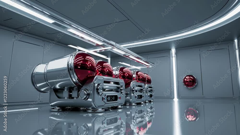 Poster sleek. futuristic robotic machines with red and silver design elements are arranged in a high-tech. 