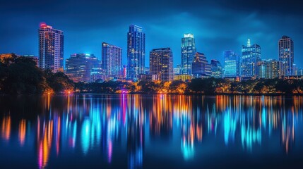 Fototapeta premium Vibrant night skyline of austin cityscape reflecting on water
