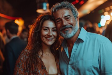 Fototapeta premium Smiling couple enjoying a night out at an outdoor social event, surrounded by vibrant lights and guests