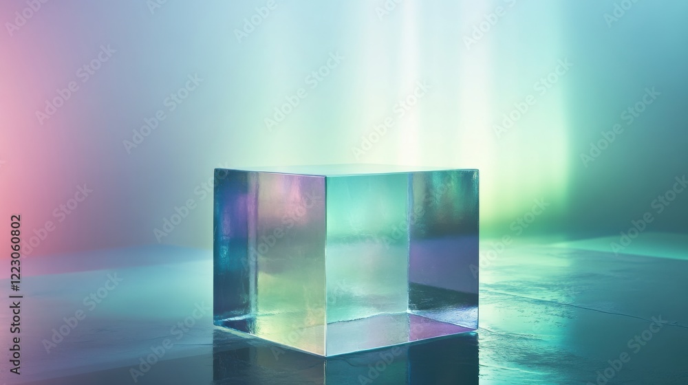Poster transparent glass cube on reflective surface with gradient light background