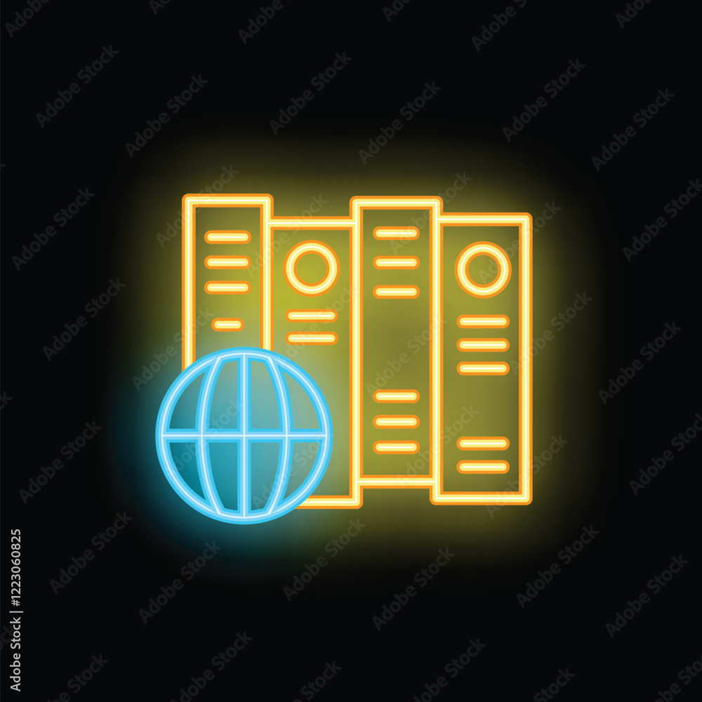 Poster glowing neon icon of folders representing global database storage system for data exchange and globa