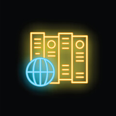 Glowing neon icon of folders representing global database storage system for data exchange and global network