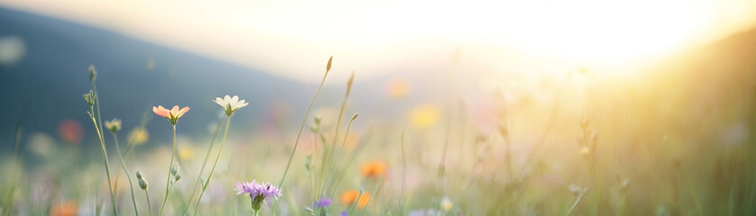A tranquil meadow filled with colorful wildflowers, illuminated by soft sunlight.