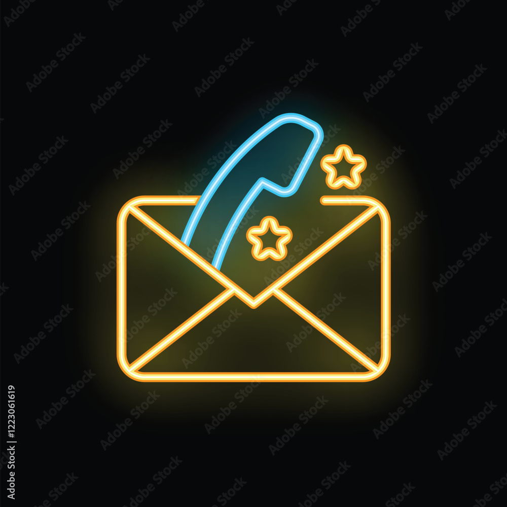 Poster neon icon of a phone call coming out of an open mail envelope, representing communication and contac
