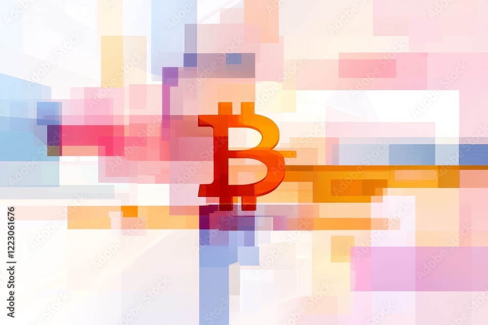 Poster colorful abstract design featuring a bitcoin symbol amidst geometric shapes and patterns